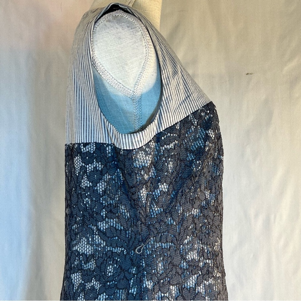 Maggie London Dress Gray White Gingham Trim & Lace Overlay Sleeveless Sheath 12👍 - Picture 4 of 8
